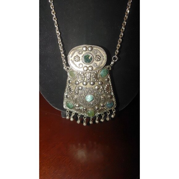 Sajai Gemstone Coin Purse Ethnic Silver Pendant Necklace Green Gemstones Bohemia - Picture 2 of 16
